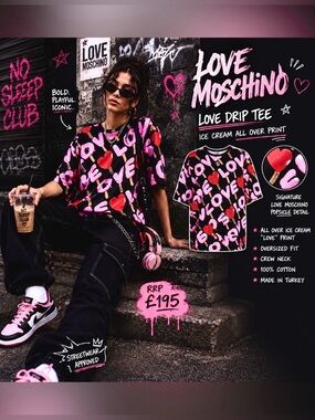 Love Moschino LOVE drip tshirt tee with ice cream all over print Oversized NWT